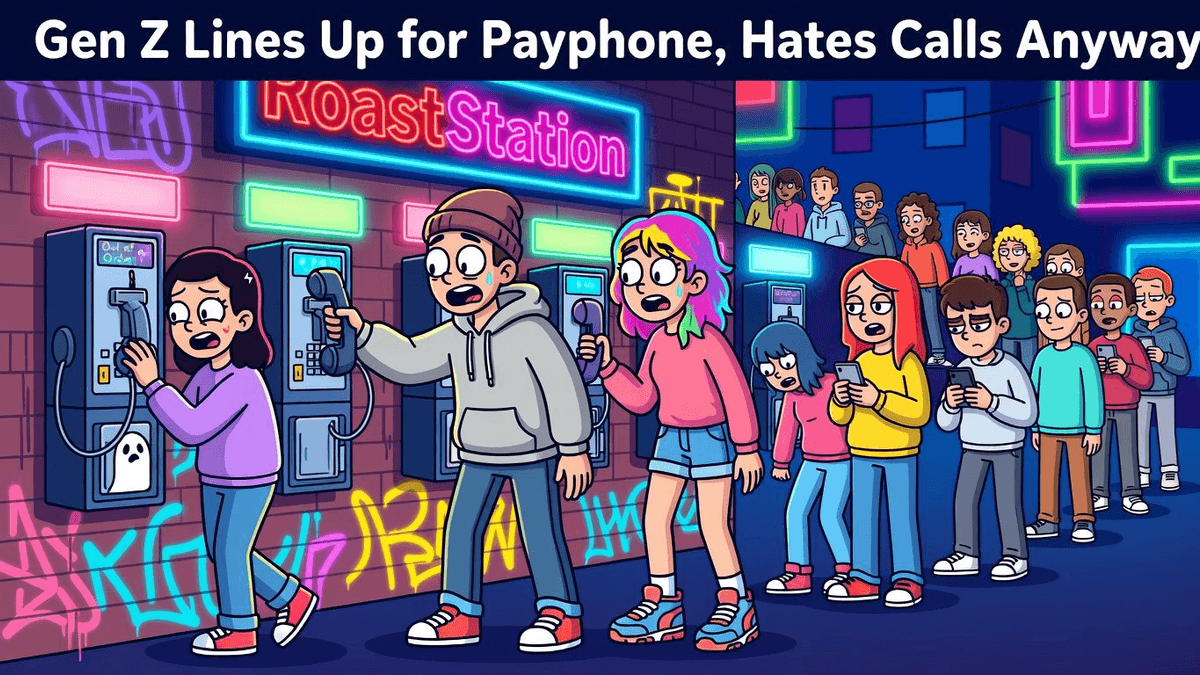 Gen Z Lines Up for Payphones, Hates Calls Anyway — Tech satirical illustration · SPICY tier · Roast Station editorial