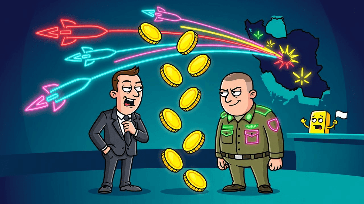 Gold Drops Third Day as Fresh Strikes Target Iran — Finance satirical illustration · MEDIUM tier · Roast Station editorial