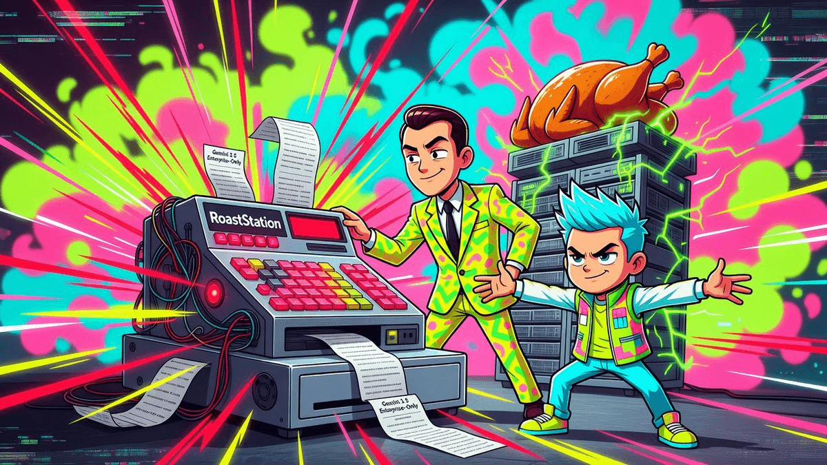 Google Hides Gemini 3.5 Upgrade Behind Enterprise Wall — Tech satirical illustration by Roast Station