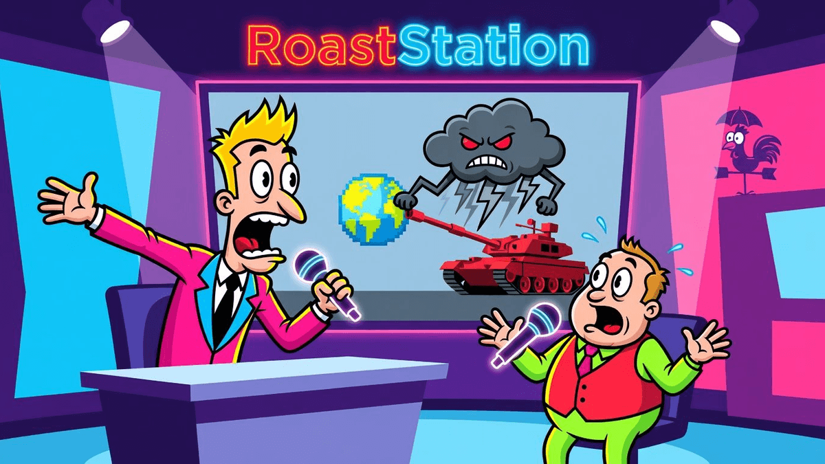 Google News Serves War with Weather — Tech satirical illustration · SPICY tier · Roast Station editorial