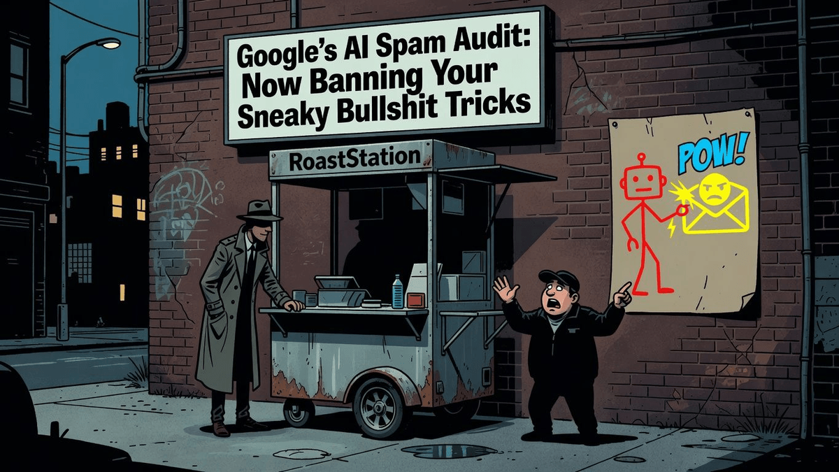 Google's AI Spam Audit: Now Banning Your Sneaky Bullshit Tricks — Tech satirical illustration · SPICY tier · Roast Station editorial