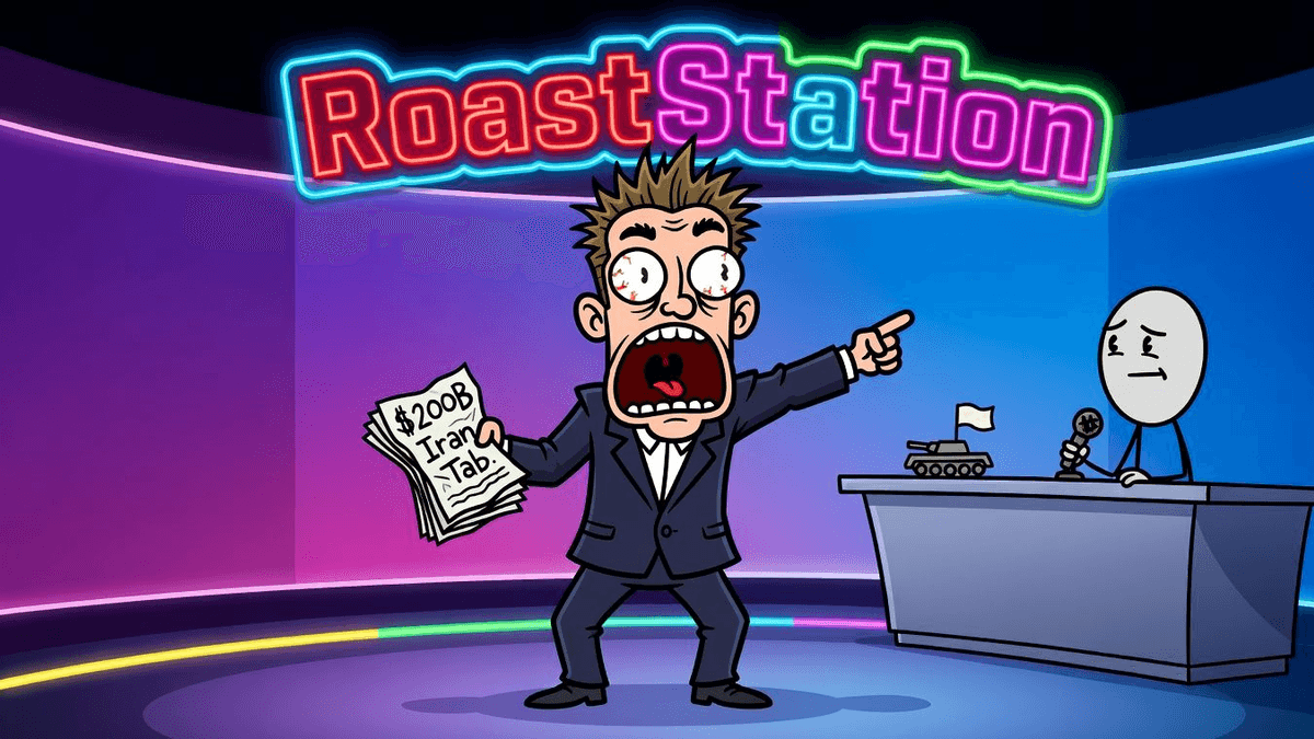 Hegseth: $200B Iran Tab 'Could Move' — Politics satirical illustration · SPICY tier · Roast Station editorial