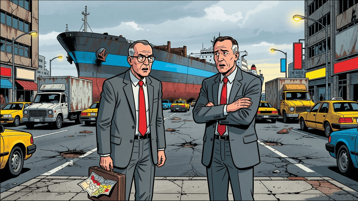 Hormuz Audit: Supertankers Bail, Traffic Crawls to Iran-Linked Remnants — World satirical illustration · SPICY tier · Roast Station editorial