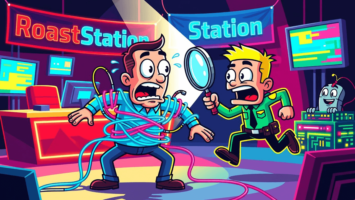 Hubby's Secret Online Alter Ego Sparks Security Circus — Tech satirical illustration · SPICY tier · Roast Station editorial