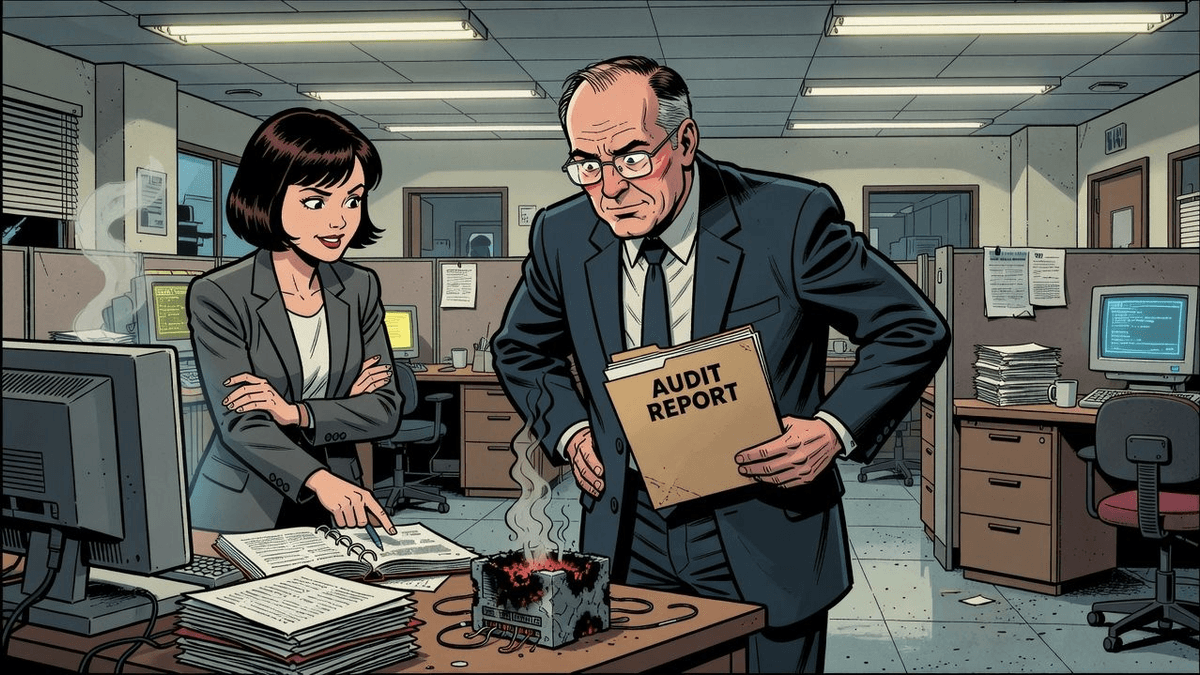 IBM's Breach Coverup Gets Roasted in Its Own Audit — Tech satirical illustration · SPICY tier · Roast Station editorial