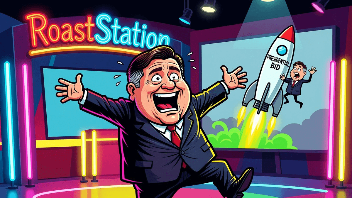 Pritzker Runs for Third Term to Launch Presidential Bid — Politics satirical illustration · SPICY tier · Roast Station editorial