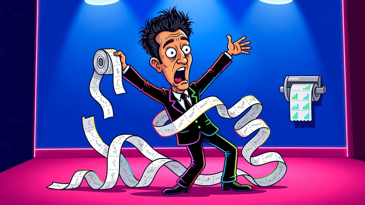 Indian Express Biz: Ticker Tape Toilet Paper — Finance satirical illustration · MEDIUM tier · Roast Station editorial