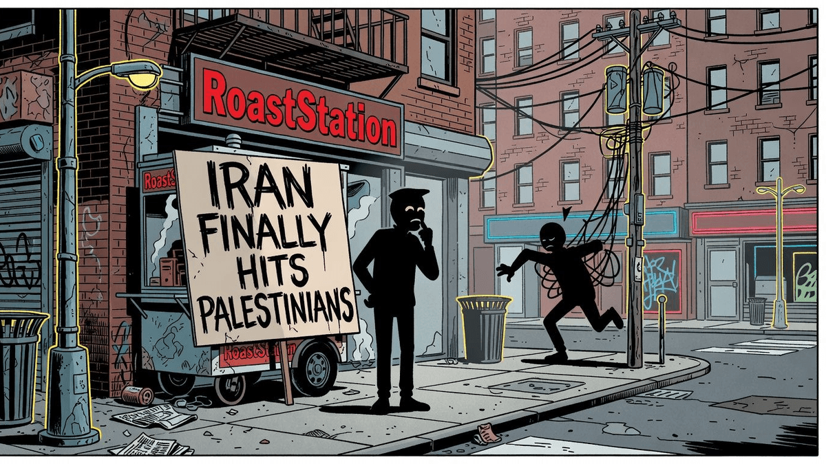 Iran Finally Hits Palestinians — World satirical illustration · SPICY tier · Roast Station editorial