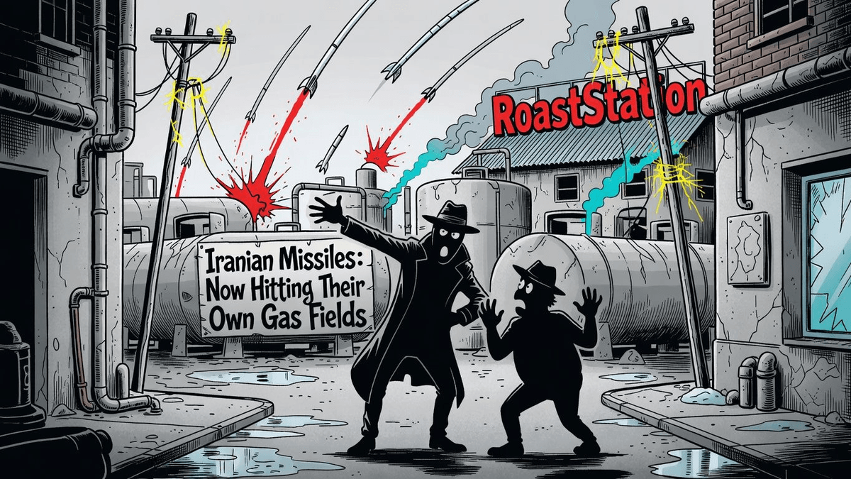 Iranian Missiles: Now Hitting Their Own Gas Fields — World satirical illustration · SPICY tier · Roast Station editorial