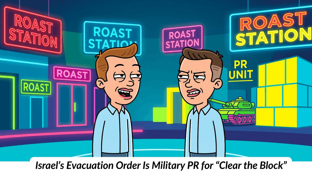 Israel's Evacuation Order Is Military PR for 'Clear the Block' — World satirical illustration · MEDIUM tier · Roast Station editorial