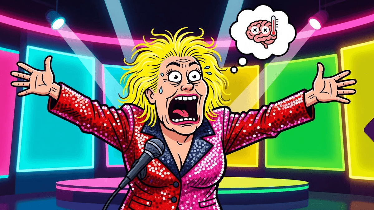 Jane McDonald's 11th Album Cruises Straight to #1 – Sanity Check Needed — Entertainment satirical illustration · MEDIUM tier · Roast Station editorial