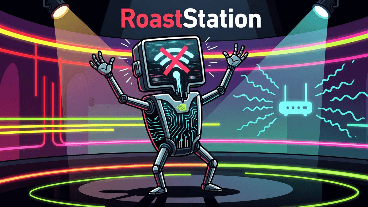 NVIDIA Unveils 'Agentic AI' That Still Can't Fix Your WiFi — Tech satirical illustration · SPICY tier · Roast Station editorial