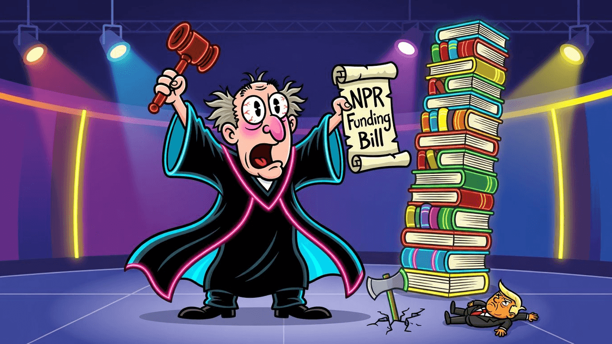 Judge Saves NPR from Trump's Axe, Library Tower Soars — Finance satirical illustration · SPICY tier · Roast Station editorial