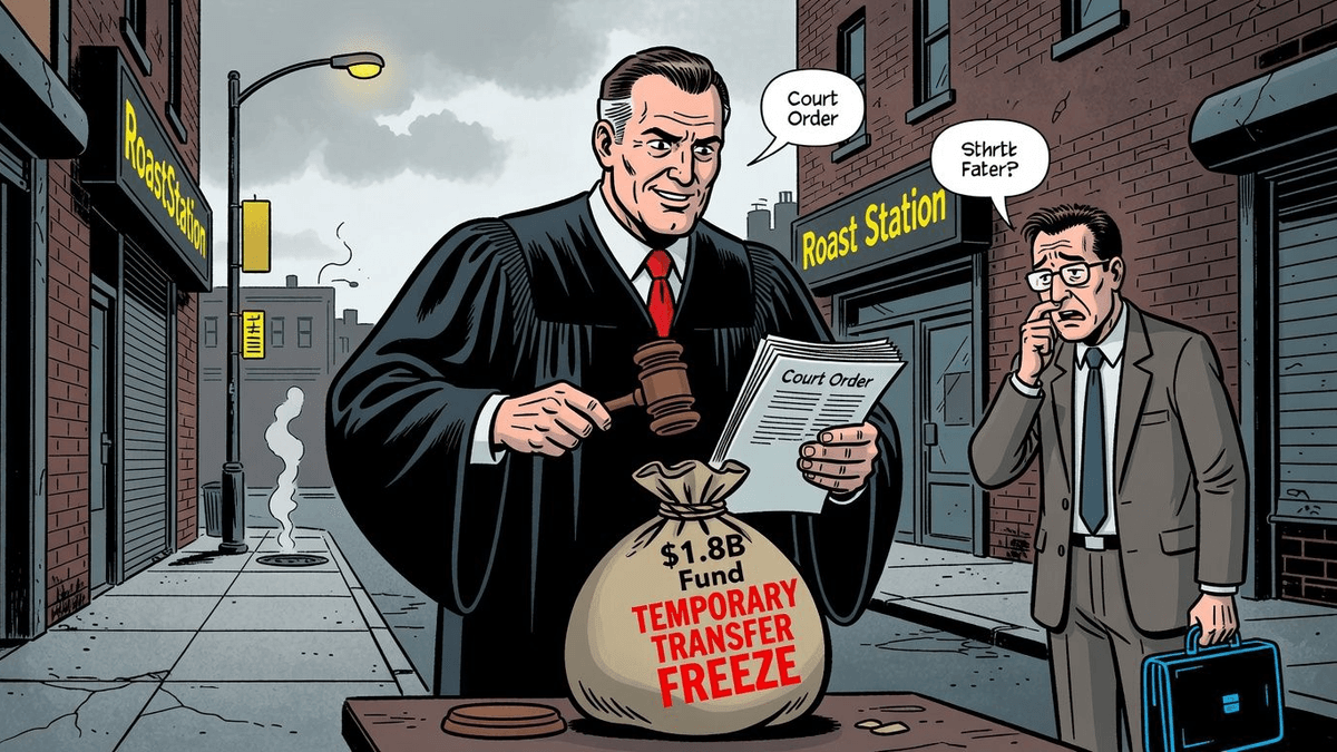 Judge Slaps Trump's $1.8B Fund With a Temporary Transfer Freeze — Politics satirical illustration · SPICY tier · Roast Station editorial