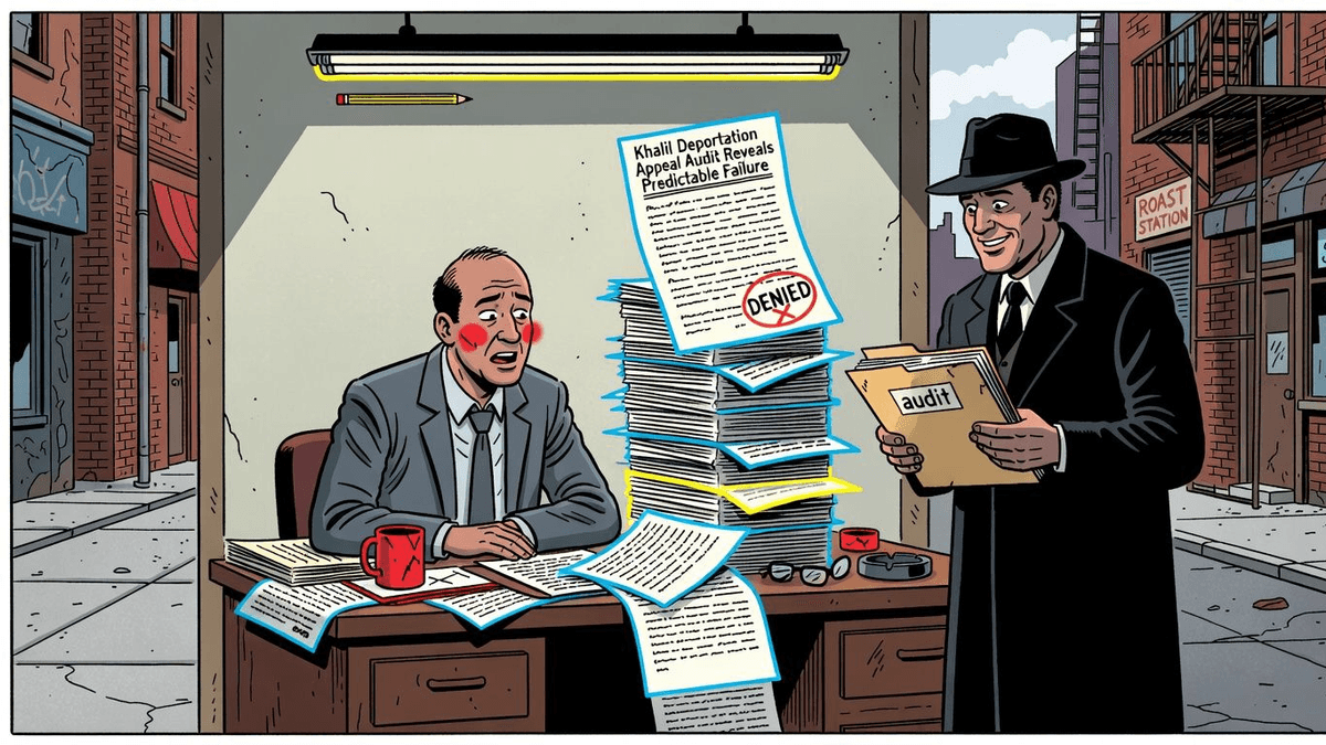 Khalil Deportation Appeal Audit Reveals Predictable Failure — Politics satirical illustration · SPICY tier · Roast Station editorial