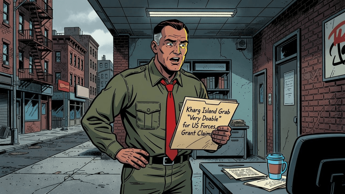 Kharg Island Grab 'Very Doable' for US Forces, Grant Claims — Politics satirical illustration · SPICY tier · Roast Station editorial