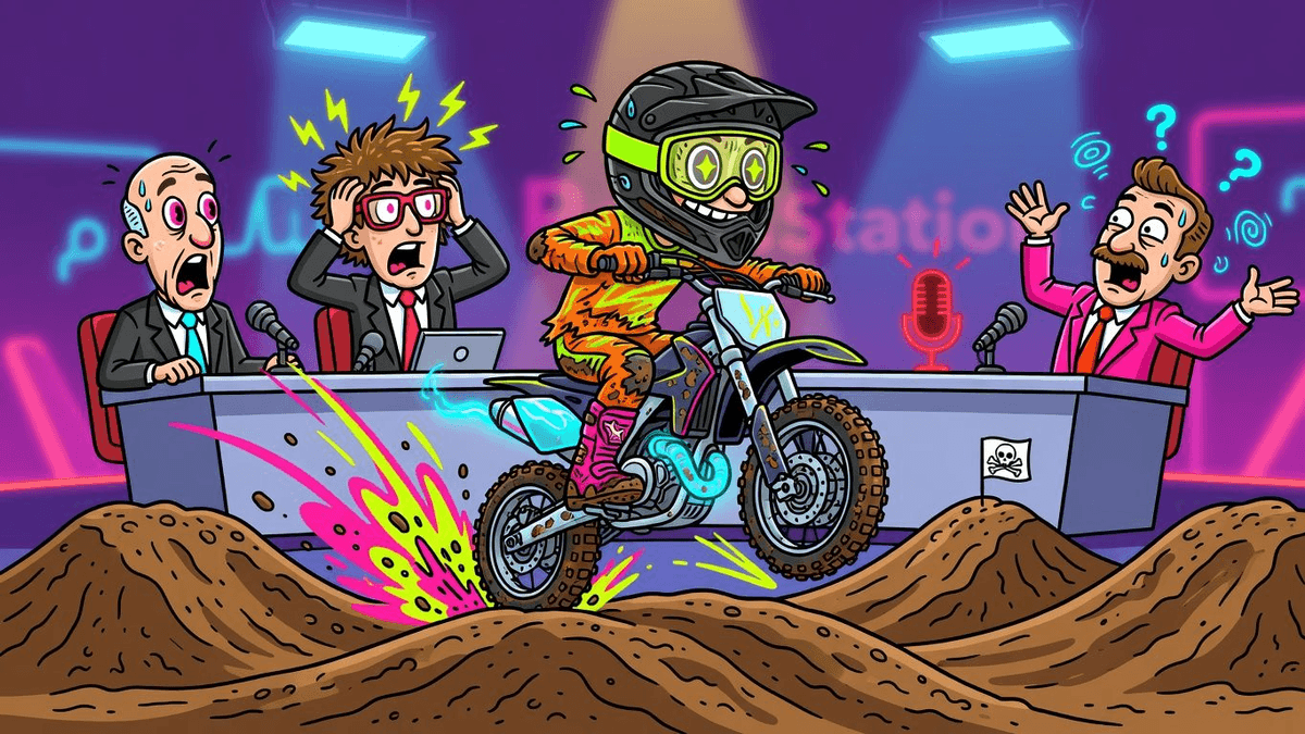 Kid Conquers Motocross Whoops, Experts Lose Their Minds — Sports satirical illustration · SPICY tier · Roast Station editorial