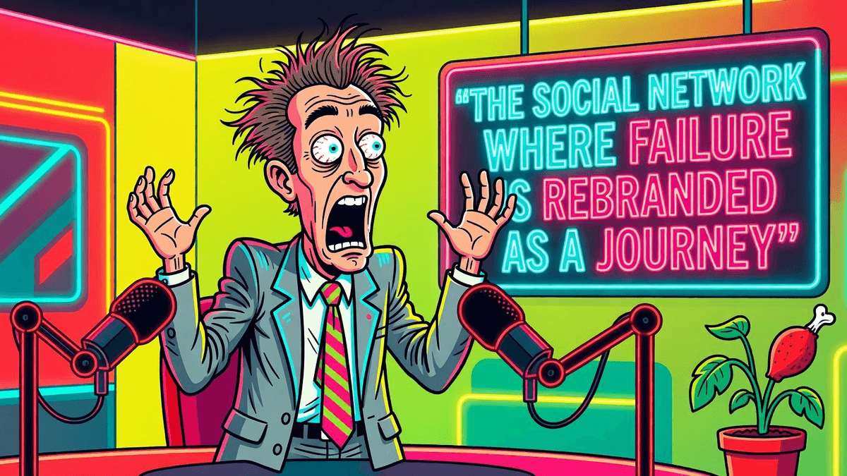 The Social Network Where Failure Is Rebranded as a Journey — Tech satirical illustration · SPICY tier · Roast Station editorial