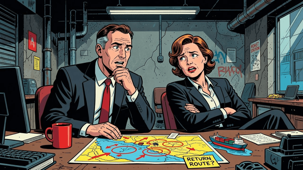 Maersk and Hapag-Lloyd Plot Red Sea Return — Finance satirical illustration by Roast Station