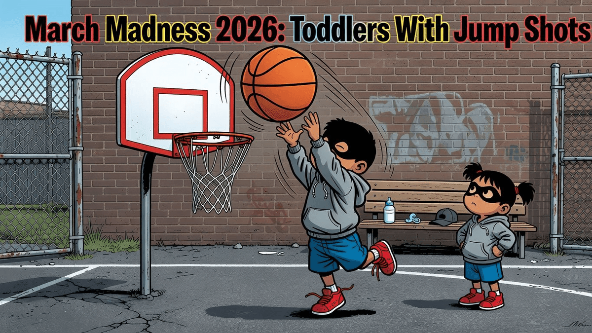 March Madness 2026: Toddlers With Jump Shots — Sports satirical illustration · SPICY tier · Roast Station editorial