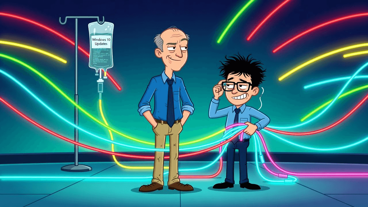 Microsoft Stretches Windows 10 Life Support One More Year — Tech satirical illustration · MEDIUM tier · Roast Station editorial