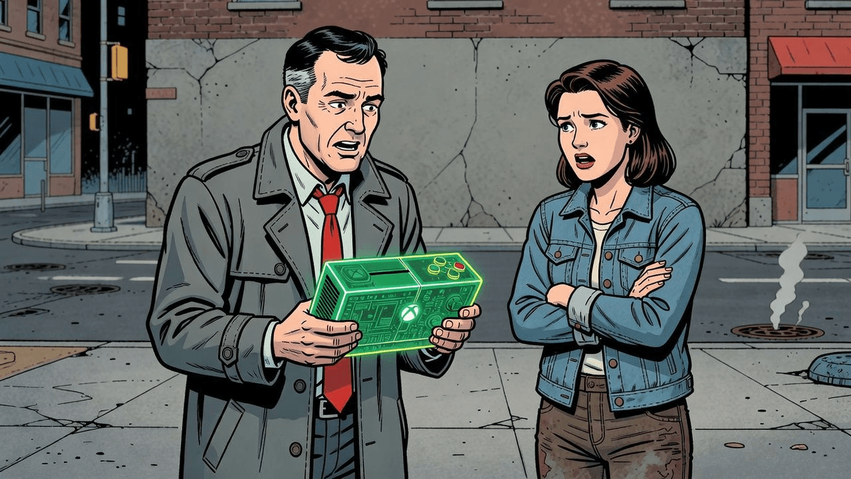 Microsoft's See-Through Green Xbox Is Peak Nostalgia Tax — Tech satirical illustration · SPICY tier · Roast Station editorial