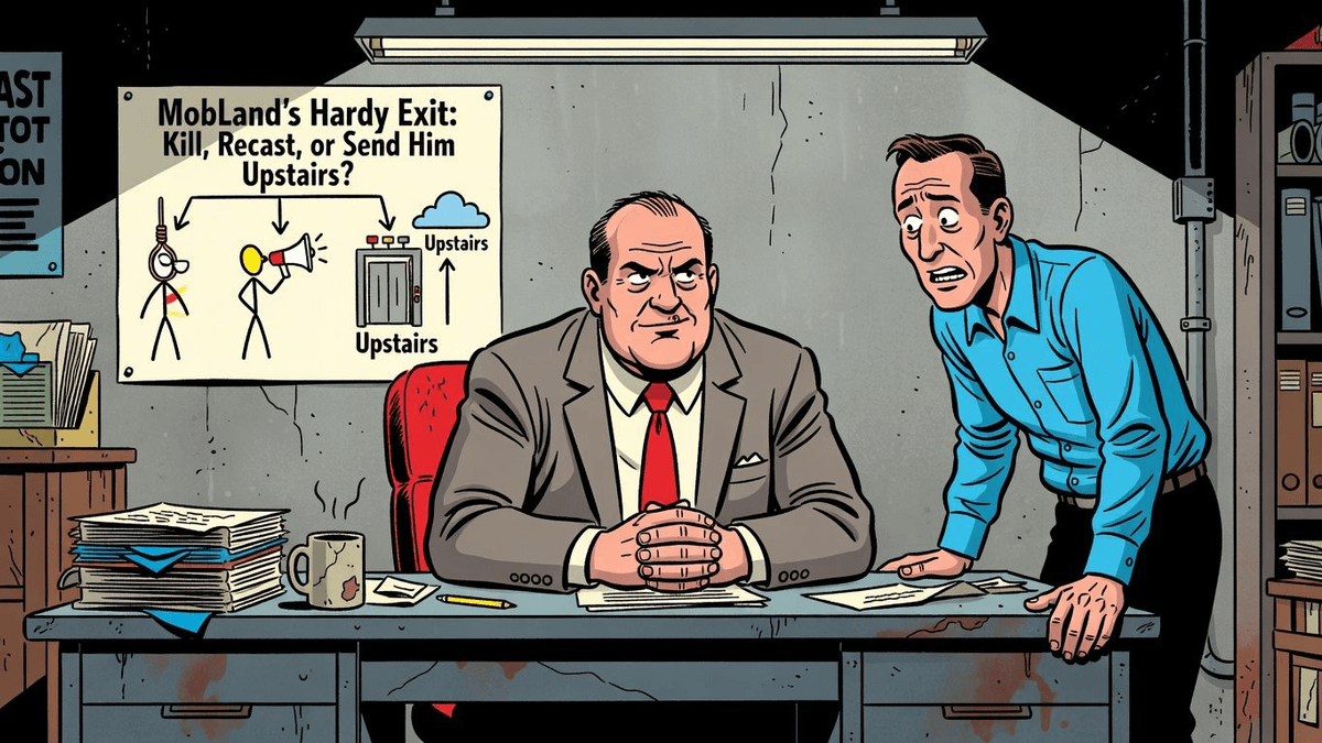 MobLand's Hardy Exit: Kill, Recast, or Send Him Upstairs? — Entertainment satirical illustration · SPICY tier · Roast Station editorial
