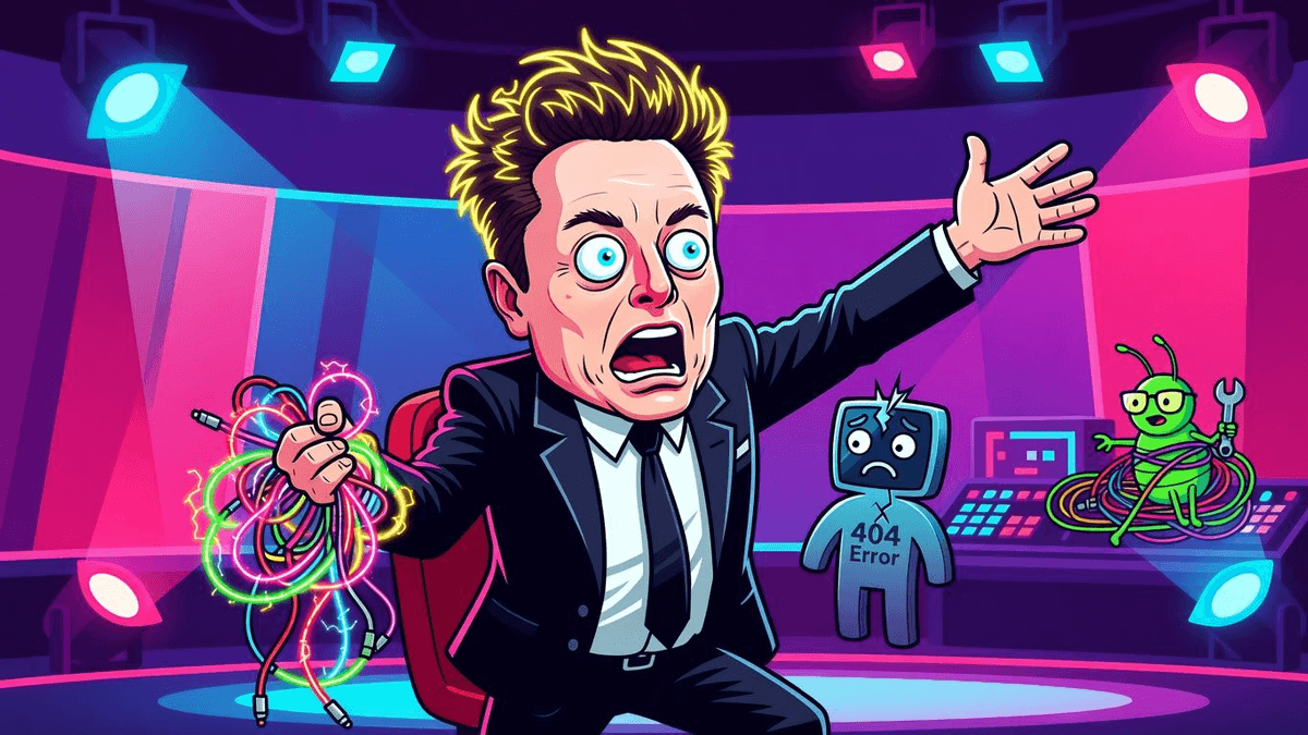 Elon Tried to Debug Humanity — Politics satirical illustration · SPICY tier · Roast Station editorial