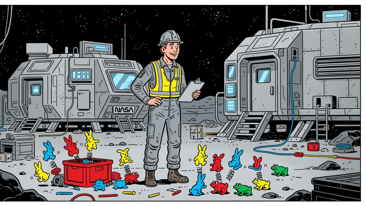 NASA's 'Permanent' Moon Base Starts With Hopping Toys — Tech satirical illustration · SPICY tier · Roast Station editorial