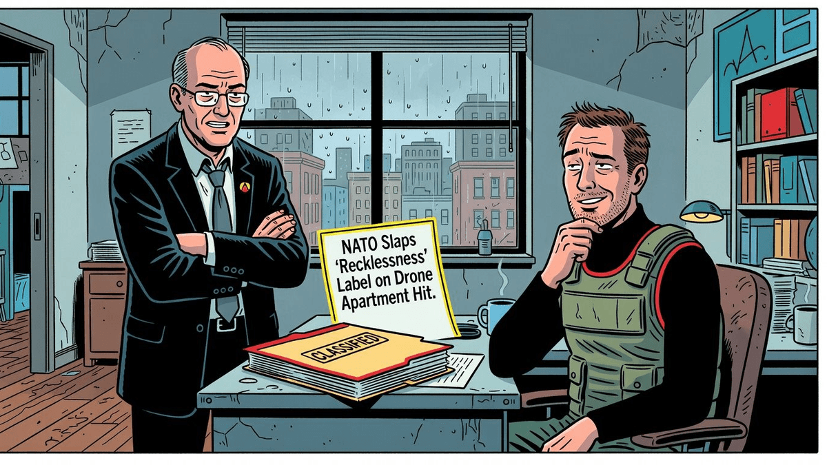 NATO Slaps 'Recklessness' Label on Drone Apartment Hit — World satirical illustration · SPICY tier · Roast Station editorial