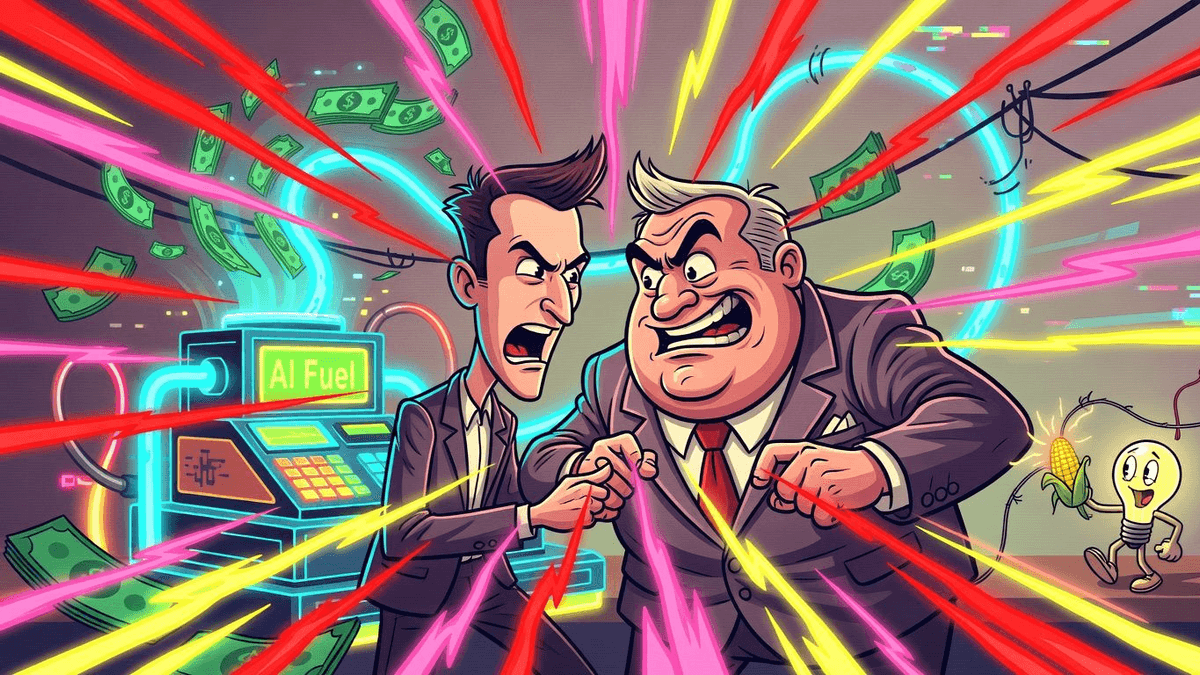 NextEra's Dominion Grab Turns Rising Bills Into AI Fuel — Finance satirical illustration · SPICY tier · Roast Station editorial
