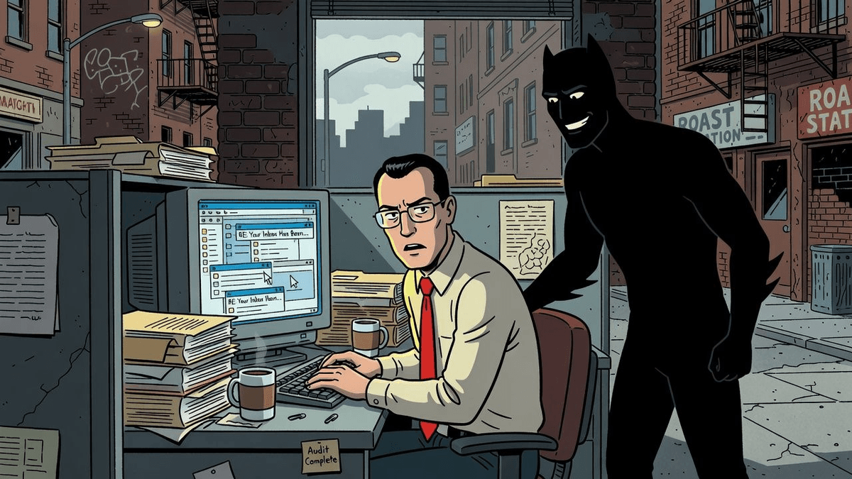 Notion Mail Audit: Agent Takeover Claims Another Inbox — Tech satirical illustration · SPICY tier · Roast Station editorial