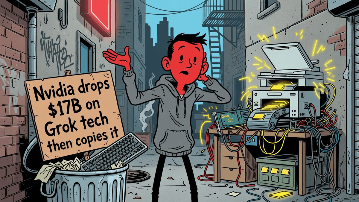 Nvidia drops $17B on Groq tech then copies it — Tech satirical illustration · SPICY tier · Roast Station editorial
