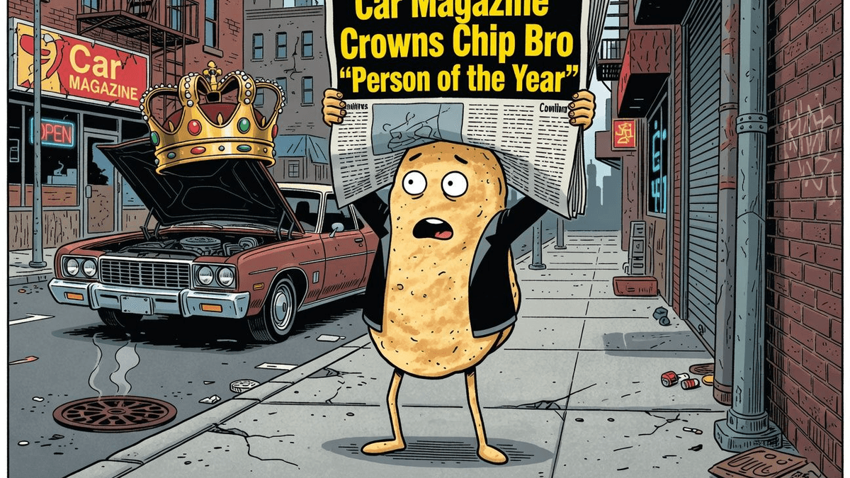 Car Magazine Crowns Chip Bro 'Person of the Year' — Tech satirical illustration · SPICY tier · Roast Station editorial