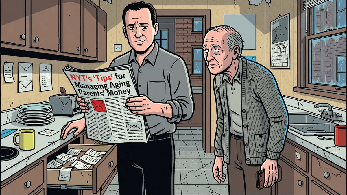 NYT's 'Tips' for Managing Aging Parents' Money — Finance satirical illustration · SPICY tier · Roast Station editorial