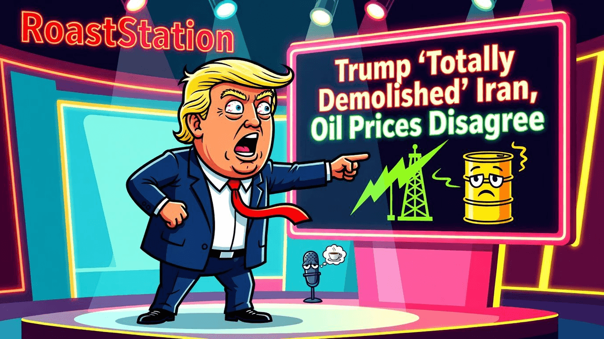 Trump 'Totally Demolished' Iran, Oil Prices Disagree — World satirical illustration · SPICY tier · Roast Station editorial