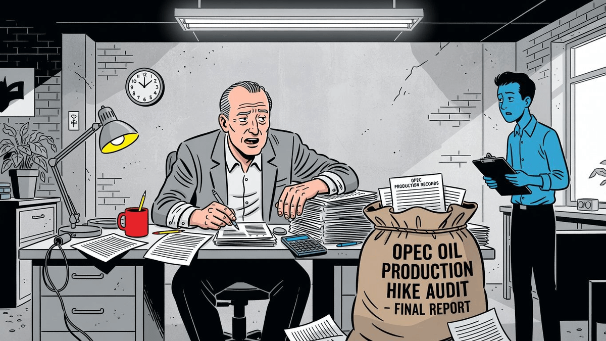 OPEC's Oil Production Hike Gets Audited Into Oblivion — Finance satirical illustration · SPICY tier · Roast Station editorial