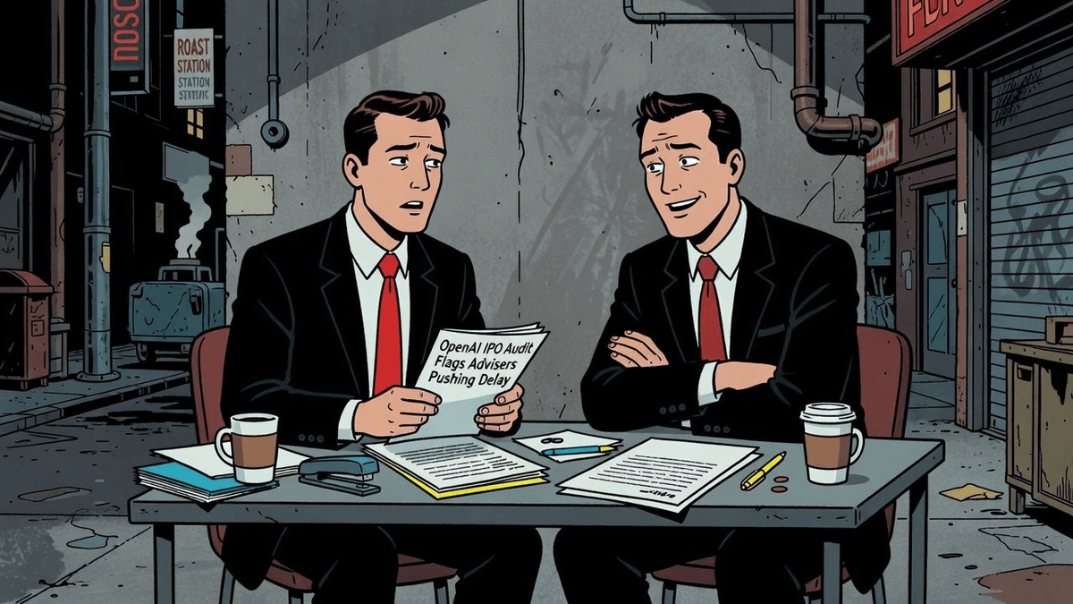 OpenAI IPO Audit Flags Advisers Pushing Delay — Tech satirical illustration · SPICY tier · Roast Station editorial