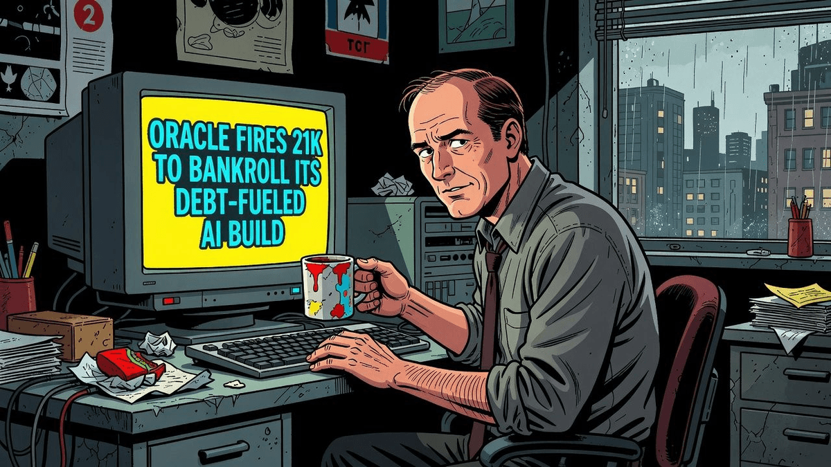 Oracle Fires 21K to Bankroll Its Debt-Fueled AI Build — Tech satirical illustration · SPICY tier · Roast Station editorial