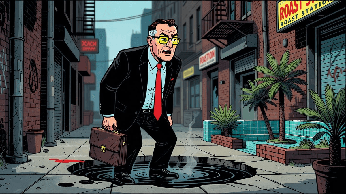 PR Spins Oil Tar Pit on Protected Persian Sanctuary — World satirical illustration · SPICY tier · Roast Station editorial