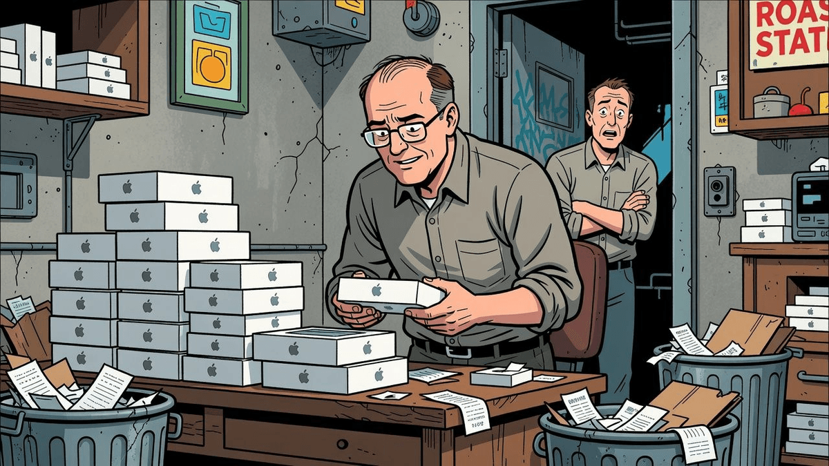 Prime Day Apple Audit: Discounted Dreams, Zero Receipts — Tech satirical illustration · SPICY tier · Roast Station editorial