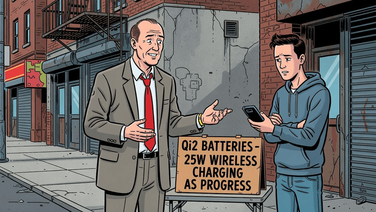 Qi2 Batteries Sell 25W Wireless Charging as Progress — Tech satirical illustration · SPICY tier · Roast Station editorial