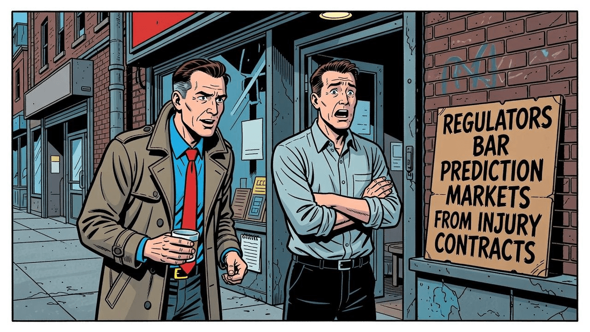 Regulators Bar Prediction Markets From Injury Contracts — Finance satirical illustration · SPICY tier · Roast Station editorial