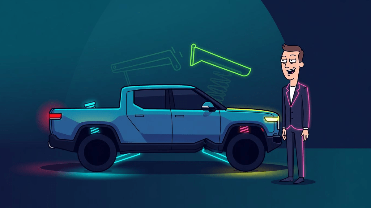 Rivian Audit Flags Rear Suspension Snaps on R1s — Tech satirical illustration · MEDIUM tier · Roast Station editorial