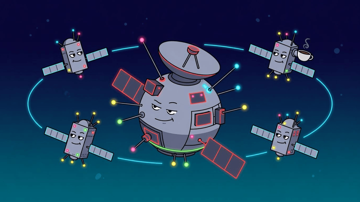 Russian Satellites Orbit a RadarSat in Polite Menace Mode — Tech satirical illustration · MEDIUM tier · Roast Station editorial