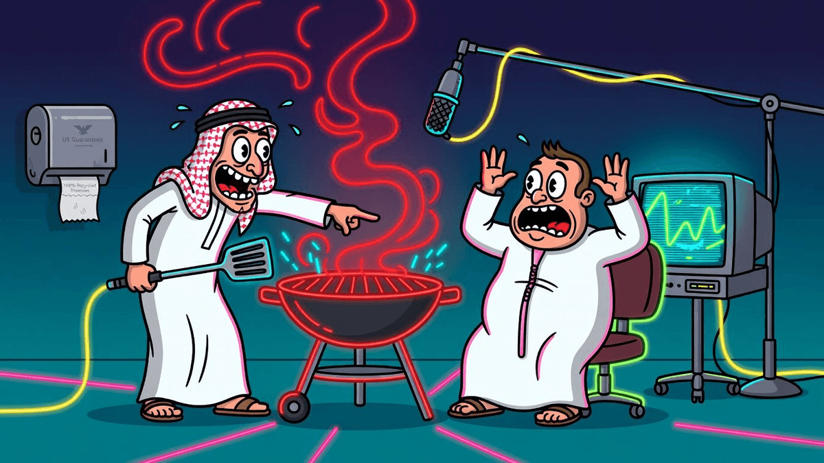 Saudi & UAE's Secret Iran BBQ: US Guarantees Now Toilet Paper — World satirical illustration · SPICY tier · Roast Station editorial
