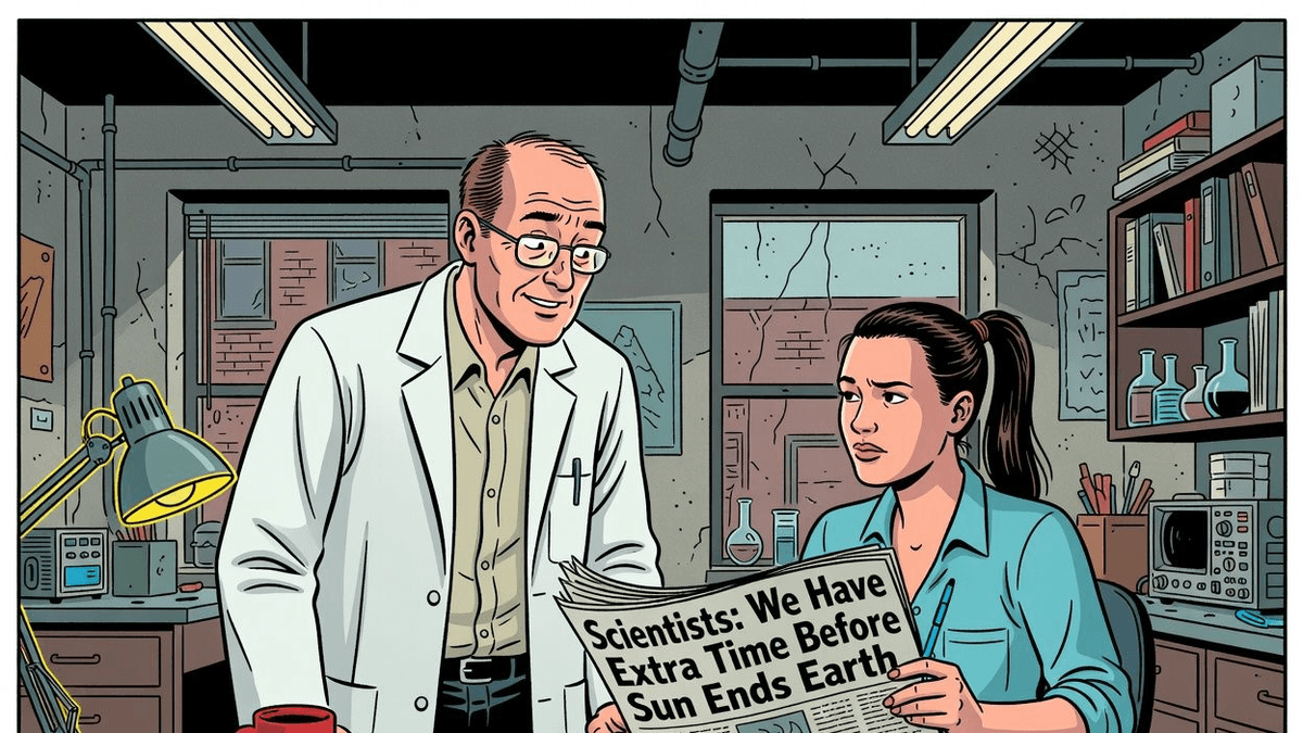Scientists: We Have Extra Time Before Sun Ends Earth — World satirical illustration · SPICY tier · Roast Station editorial