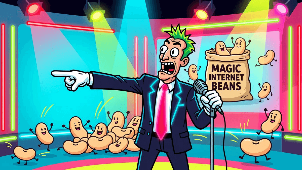 SEC CLEARS CRYPTO: 'It's All Just Magic Internet Beans' — Tech satirical illustration · SPICY tier · Roast Station editorial