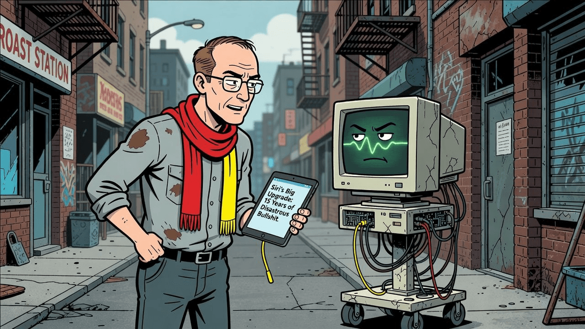 Siri's Big Upgrade: 15 Years of Disastrous Bullshit — Tech satirical illustration · SPICY tier · Roast Station editorial