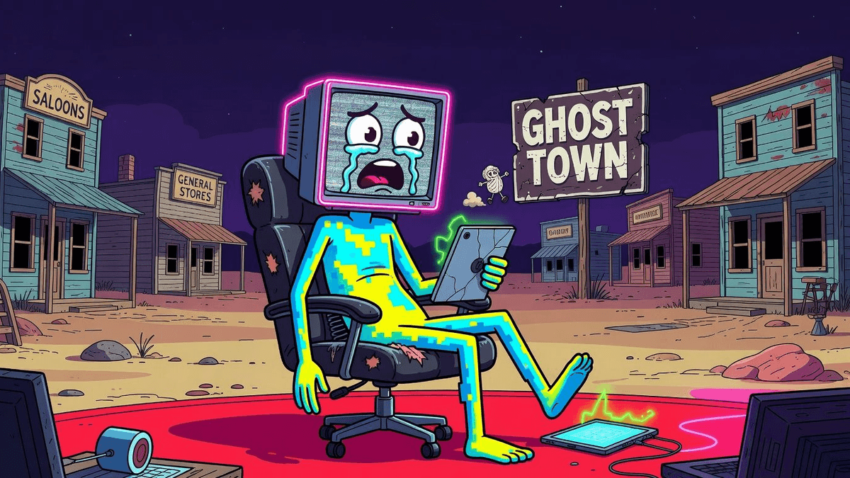 Sora: OpenAI's AI Video Fling Ends in Ghost Town — Tech satirical illustration · SPICY tier · Roast Station editorial